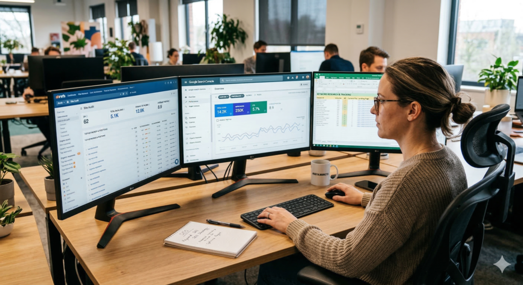 A workspace photo featuring a digital marketing professional analyzing SEO data on multiple monitors