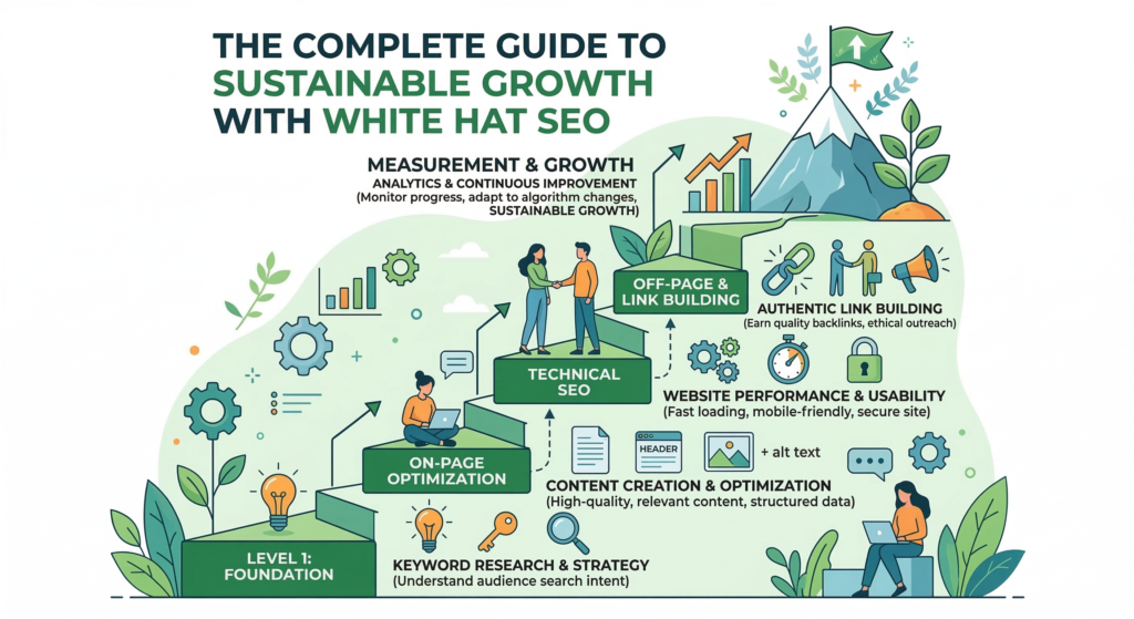 An illustrative infographic titled “The Complete Guide to Sustainable Growth with White Hat SEO.” It features a green upward-climbing step-by-step path leading to a mountain peak with a green arrow flag, all set within a green, plant-filled environment. The steps and sections, starting from the bottom, include: “Level 1: Foundation” with icons for “Keyword Research & Strategy”; “On-Page Optimization” with a laptop and “Content Creation & Optimization” details; “Technical SEO” and a handshake; and “Off-Page & Link Building” with link and handshake icons, noting “Authentic Link Building.” The top section shows “Measurement & Growth” with a chart and plants, describing “Analytics & Continuous Improvement.” Various small figures are engaged in different activities on the steps, and all text and symbols are clearly integrated.