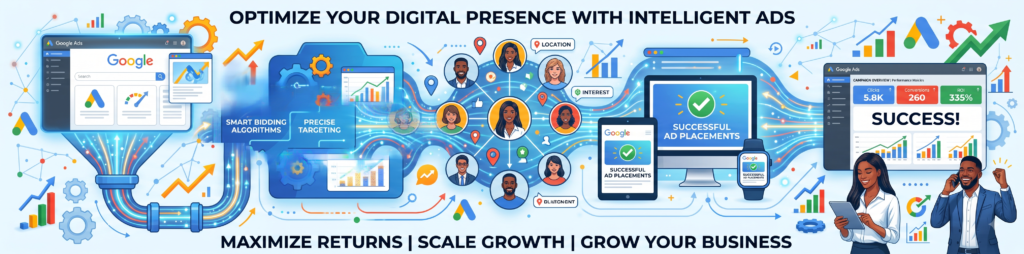 An intricate digital illustration infographic with a wide-angle composition, titled at the top, "OPTIMIZE YOUR DIGITAL PRESENCE WITH INTELLIGENT ADS," and at the bottom, "MAXIMIZE RETURNS | SCALE GROWTH | GROW YOUR BUSINESS." The image depicts a dynamic data pipeline workflow starting from a laptop screen on the left, displaying the "Google Ads" dashboard with account overview metrics and the Google logo. Data flows into a multi-screen process machine with gears, showing "SMART BIDDING ALGORITHMS" and "PRECISE TARGETING" screens. This connects to a central circular network of human faces with "LOCATION" and "INTEREST" pins. Data then flows into various devices (smartphone, smartwatch, tablet, desktop monitor) labeled "SUCCESSFUL AD PLACEMENTS" with green checkmarks. On the far right, a large desktop screen displays a "SUCCESS!" dashboard with upward-trending charts and metrics for "Clicks: 5.8K," "Conversions: 260," and "ROI: 335%." Below it, a diverse business woman and man smile and celebrate while holding mobile devices. The entire background is filled with colorful lines, icons, and network graphics in Google's brand colors (blue, red, yellow, green) on a light blue-white background. The scene is a stylized visualization of the journey from ad creation to measurable business success.